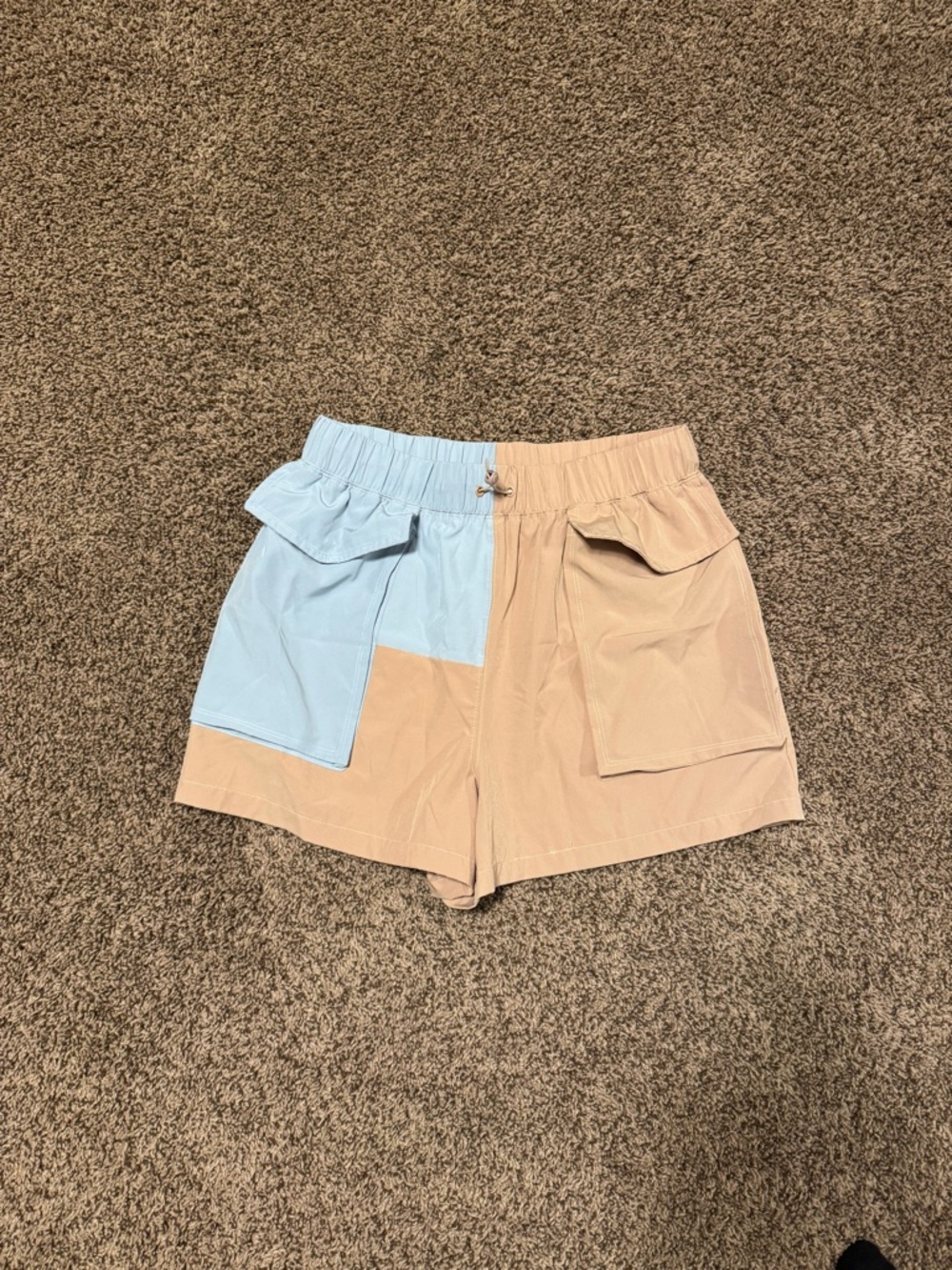 Fabletics Beige and Light Blue Colorblock Utility Shorts